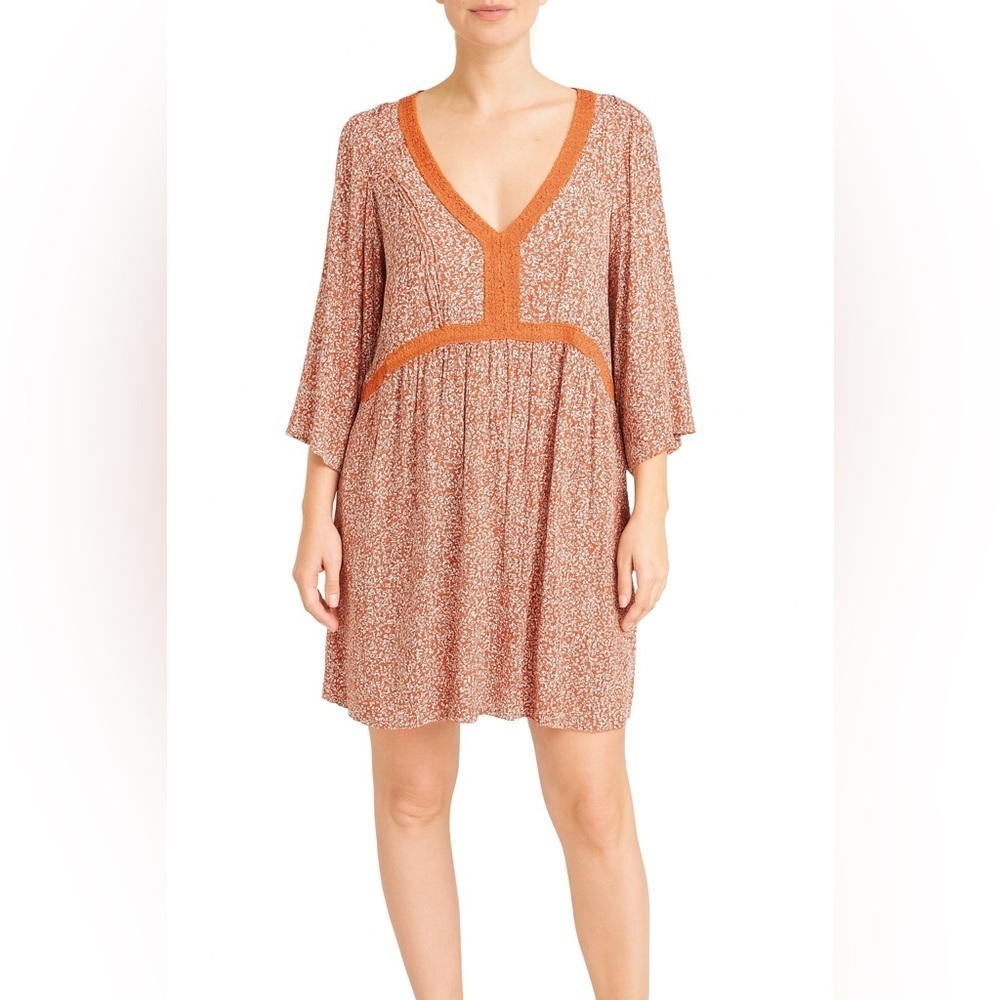 IN EVERY STORY Coral Ditsy Floral Print Tunic V-Neck Lace Trim 3/4 Sleeves 3X